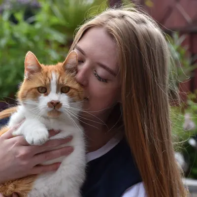 Gabey knuffelt een rood-witte kat